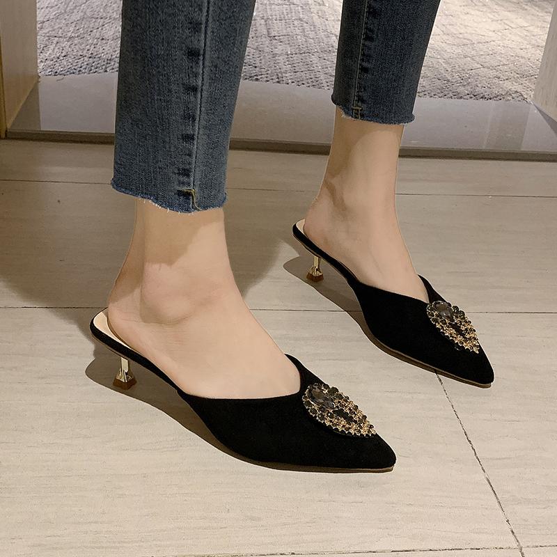 

Slippers High Heel Silk Women Pointed Toe Mules Shoes Summer Sandals Temperament Elegant Rhinestone Closed, Black