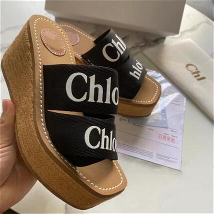 

Newest Branded women's platform high heels slippers Woody Mules Platform shoes Sandal Deisgner Lady Lettering Fabric Outdoor Leather So, Black