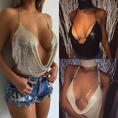 

Styles Elegant Metal Crop Top Summer Sexy Club Backless Bralette Beach Halter Gold Sequined Party Women Tank Top Camisole, Color black