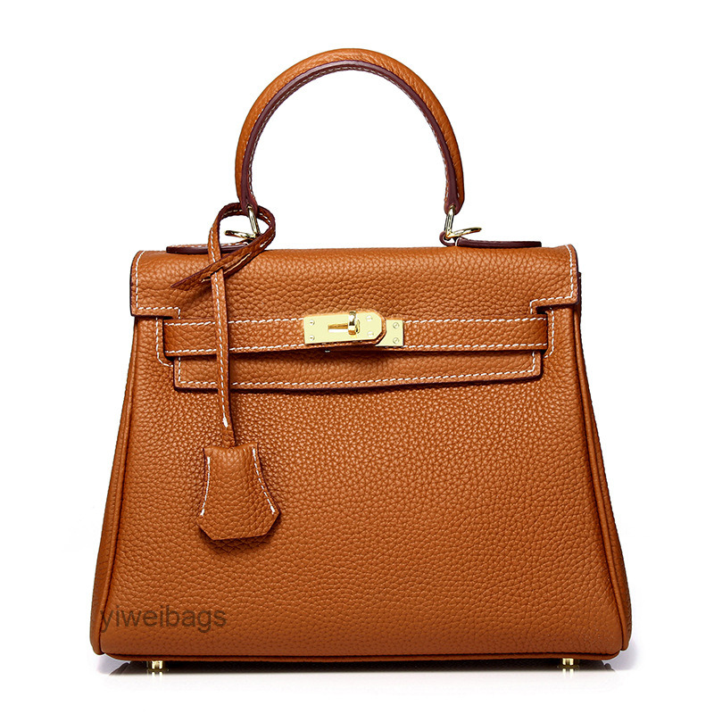 

Crossbody Designer cowhide kellies Bags litchi grain cowhide women's bag fashion women's bag celebrity bag, Earthy yellow (white line)