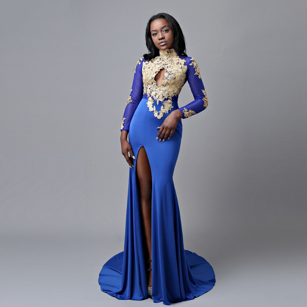 

2021 New Split African Es Gold Appliques Plus Size Formal Evening Gowns Robe Soiree Vestido De Festa Longo 2efu, Navy blue