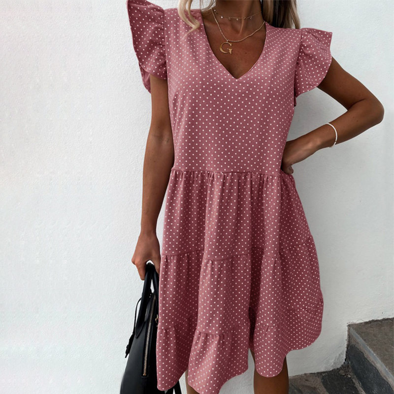 

2021 Women Ruffles Short Sleeve v Neck Mini New Summer Sun Casual Polka Dot Boho Party Es Vestidos Q7rd, Wd084pi