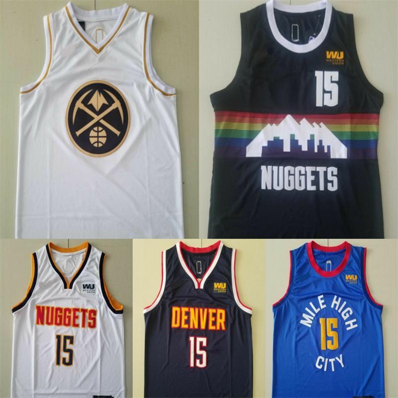 

Nuggets No.15 jockiyo teacher Jersey embroidered platinum city version SW basketball shirt for fans, White gold