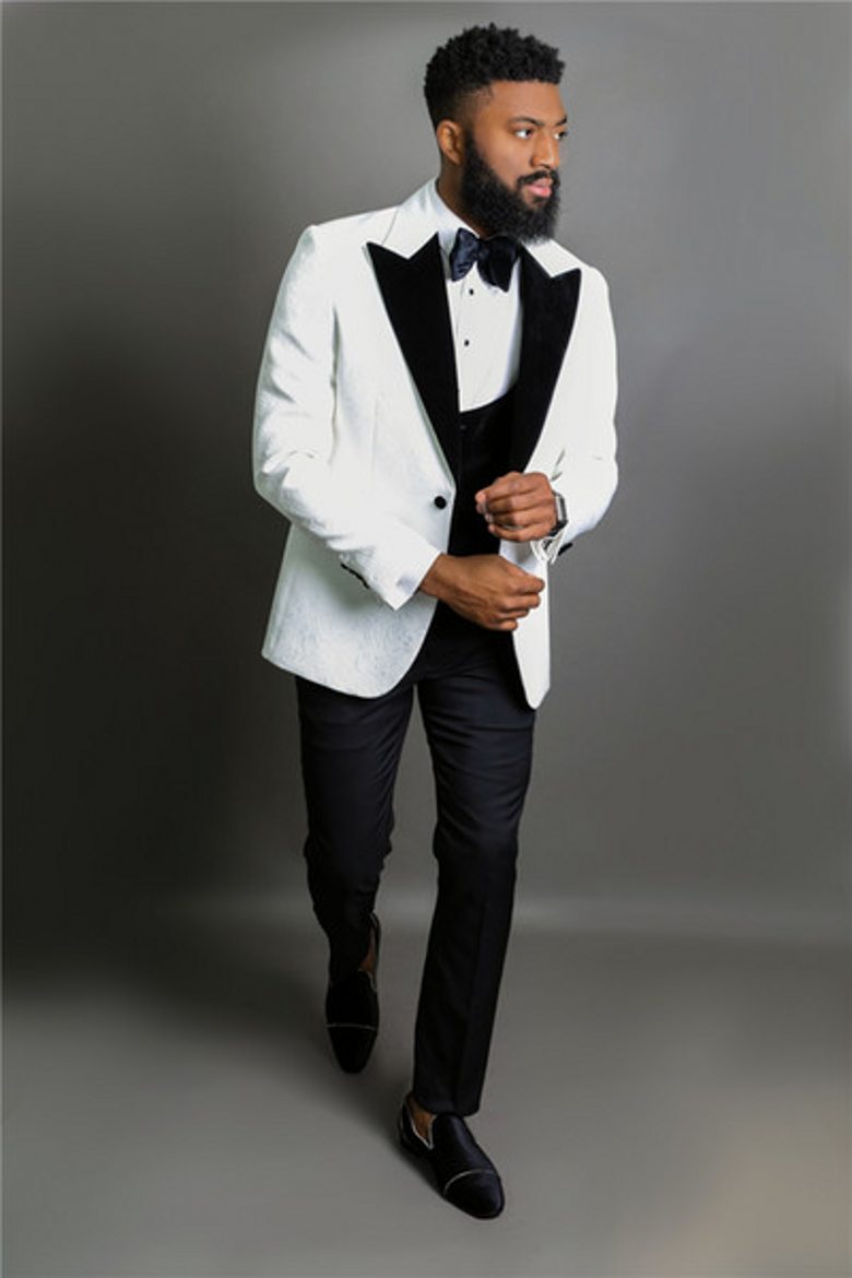 

Classic Style One Button White Paisley Groom Tuxedos Peak Lapel Wedding/Prom/Dinner Groomsmen Men Suits Blazer (Jacket+Pants+Vest+Tie) W1464, Same as image