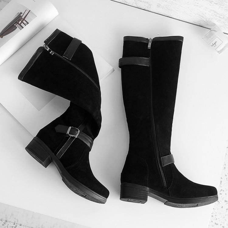 

Boots Oversized -13 Thigh High Knee Over The Women Ladies Belt Buckle Stitching Side Zipper, Black