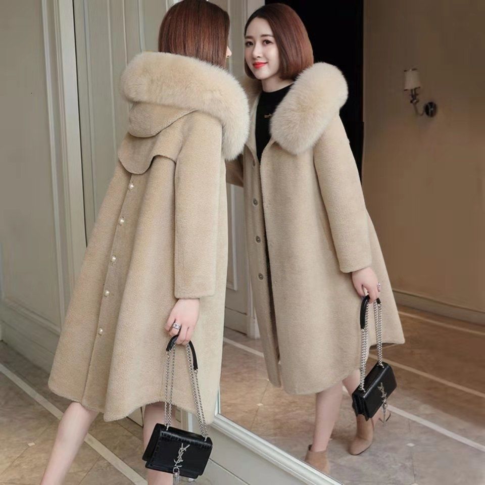 

2021 new sheep shearing for women autumn winter long hooded coat fashion fox fur collar thick warm woolen jacket y645 j9ek, Black