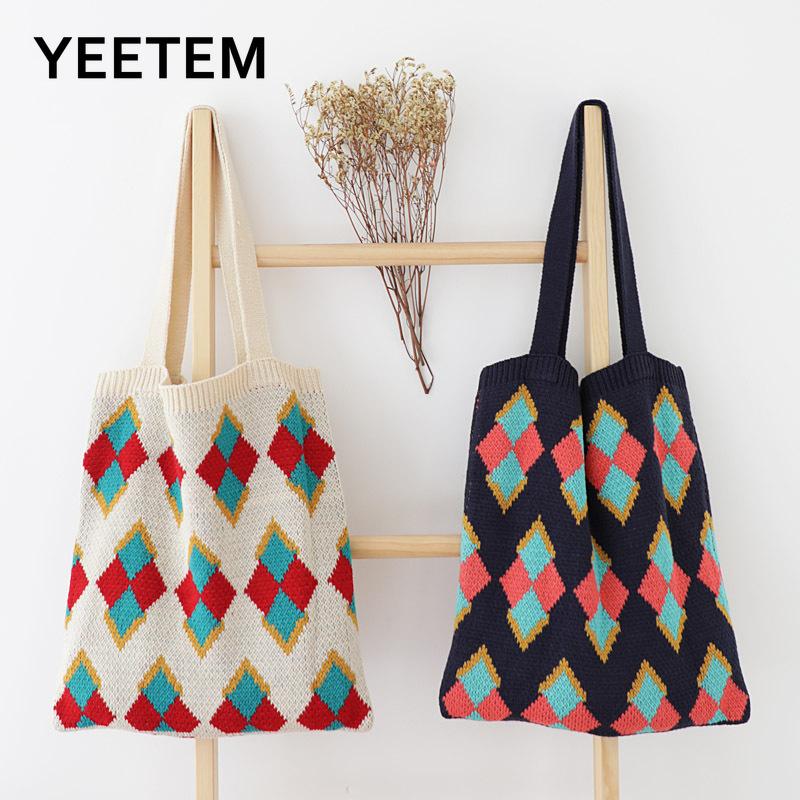 

Wool knitted shoulder bag double strap soft geometric pattern knitted bag white blue soft face autumn winter wool