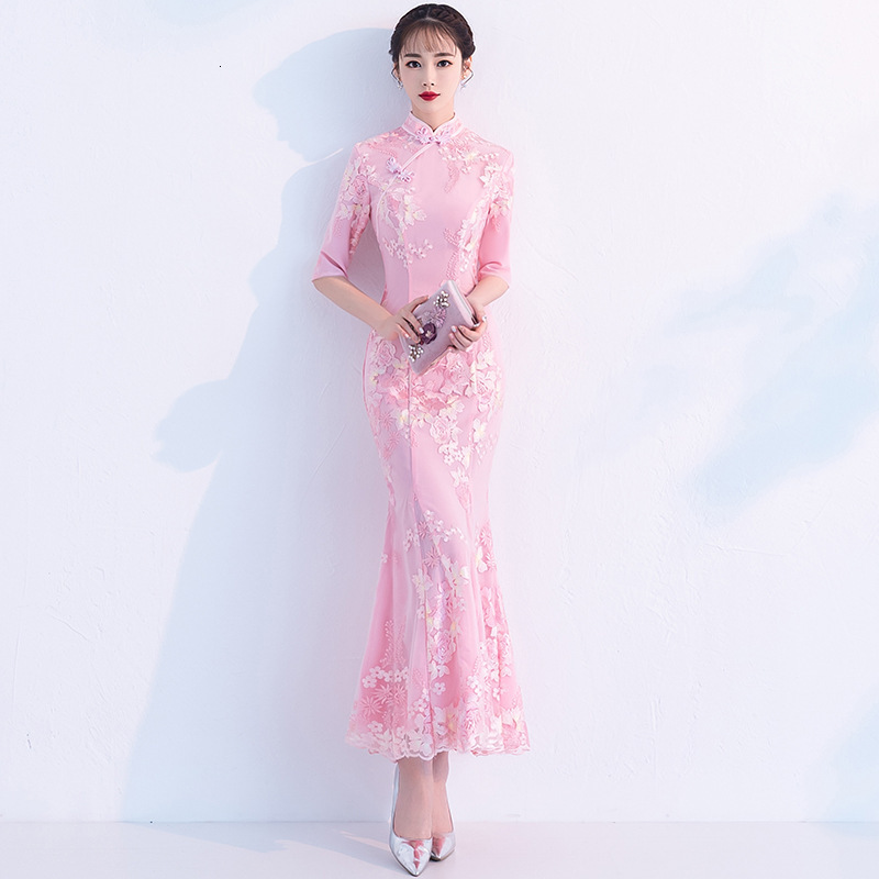 

Pink Sweet Floral Embroidery Long Cheongsam Women Sexy Slim Qipao Elegant Collar Chinese Formal Party Dress Jvzs, Pink-short