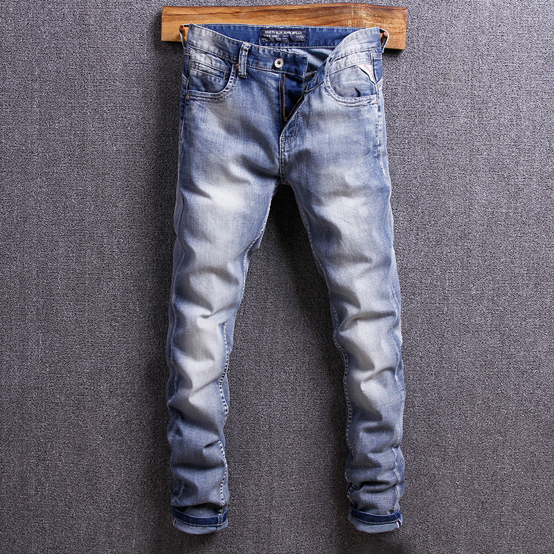 

2021 New Italian Style Fashion Blue Color White Wash Classical Slim Vintage Designer Jeans Men Casual Denim Pants Ris3