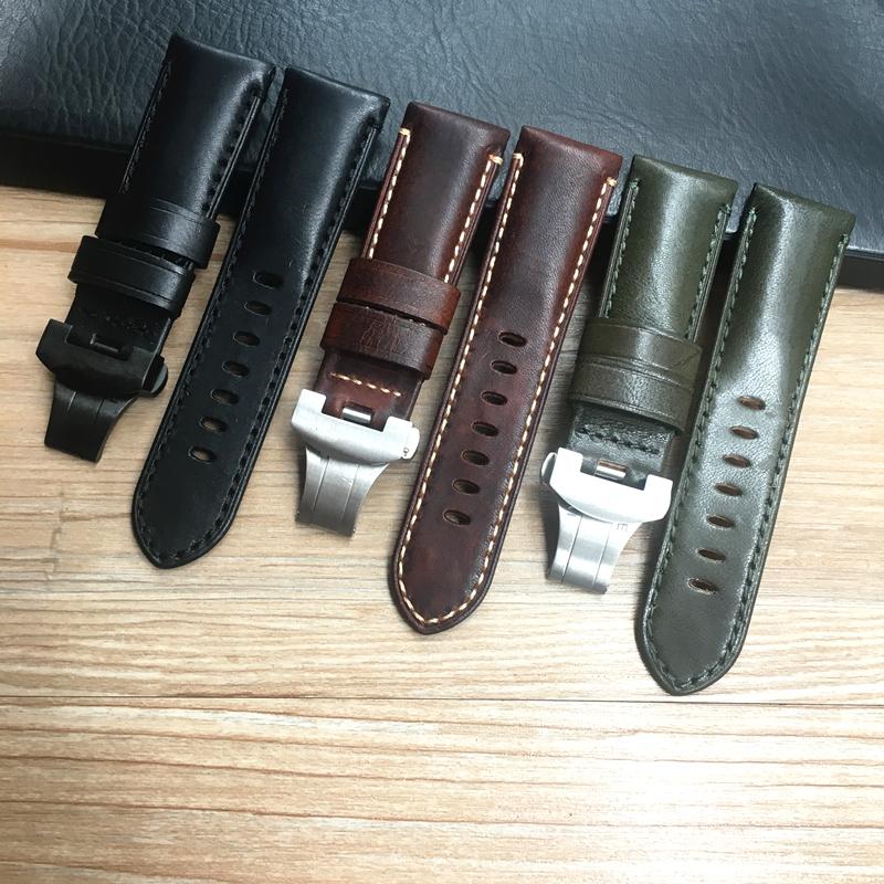

Watch Bands 24mm Black Brown Green Genuine Leather Watchband For PAM PAM00441 PAM00661 Strap Butterfly Buckle With Engraving