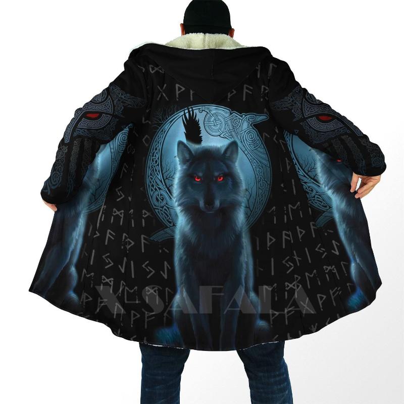

Men' Wool & Blends Viking Wolf Dragon Tattoos Cross All Over 3D Printed Thick Warm Hooded Cloak For Men Windproof Fleece Unisex Casual-9, D374