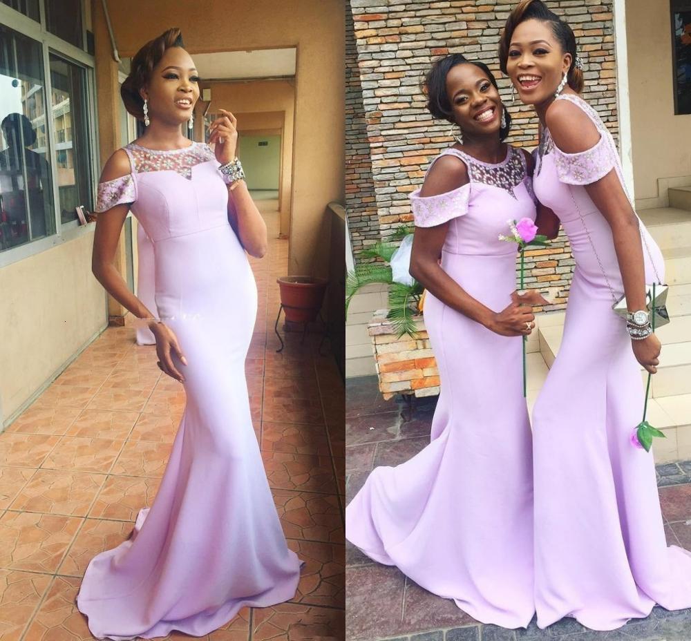 

2021 New Modern Lavender Mermaid Bridesmaid Es Cap Sleeves Beaded Satin Long Nigeria Wedding Guest Evening Party Gowns 4smn