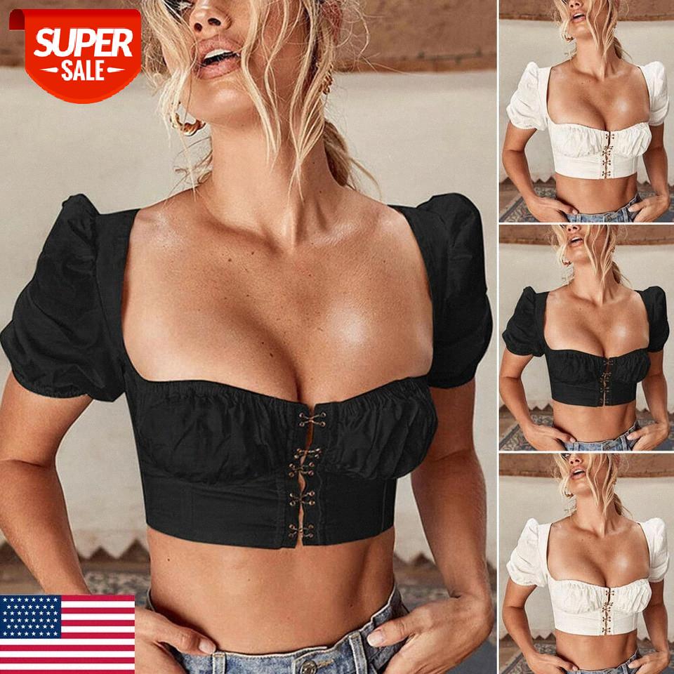 

2019 Vintage Chic Women Summer Bandage Crop Tops Palace Style Ladies Sexy Square Neck Crop Top Short Sleeve Vest T Shirt Tops #0r7Z, White