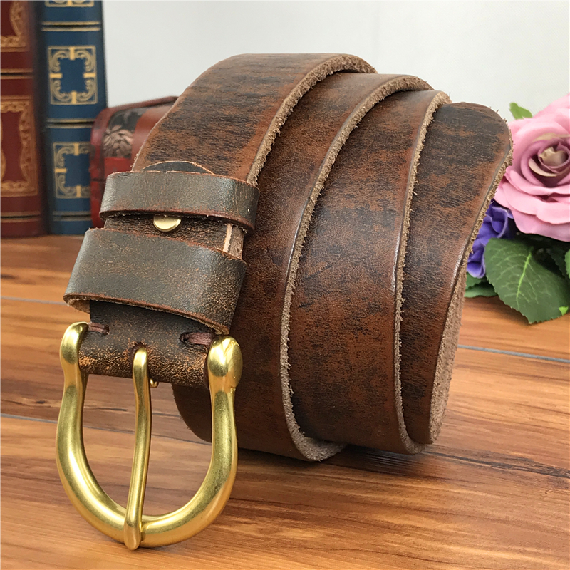 

2021 New Brass Buckle Belt Genuine Belts Men Leather Vintage Cowboy Jeans Male Strap Ceinture Homme Riem Mbt0004 Y12w, Black