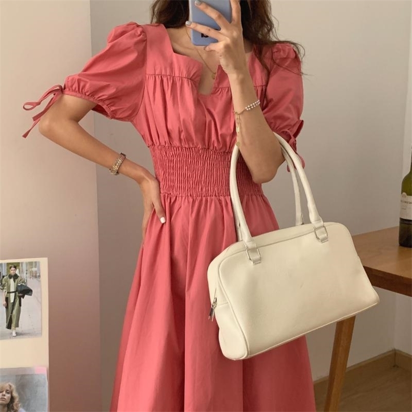 

French Retro Solid Loose Casual Chic Long Dress V-Neck Elegant Party Summer Puff Sleeve Women Vestido 210525, Rose red