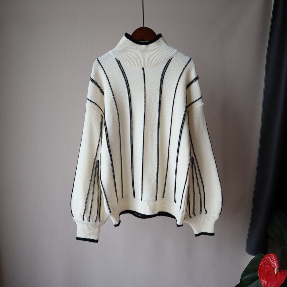 

2021 Women's Sweater Pullover Autumn Winter New Lantern Sleeve Lazy Style Thick Knit Top Warm Vertical Stripe V2y6, Black