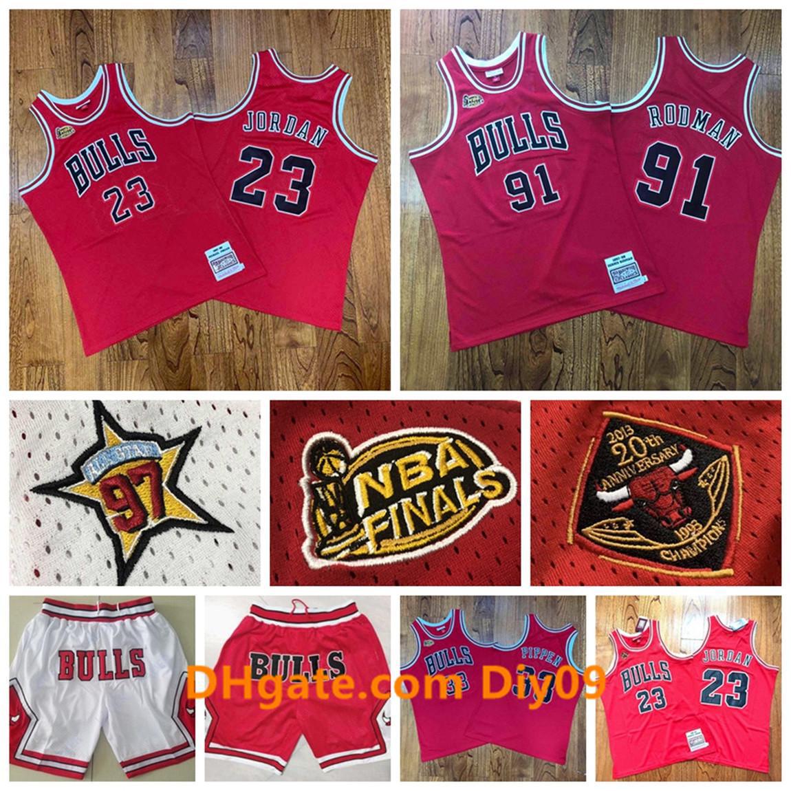 

Finals Mitchell Ness Men Jordon Chicago Bulls Jersey 23 Michael JD 91 Dennis Rodman 33 Scottie Pippen new Basketball Shorts, Black;red