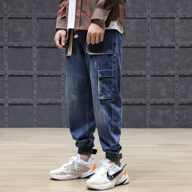 

2021 New Fashion Streetwear Loose Fit Retro Blue Multi Pockets Cargo Pants Homme Harem Japanese Vintage Hip Hop Jeans Men Fnvm