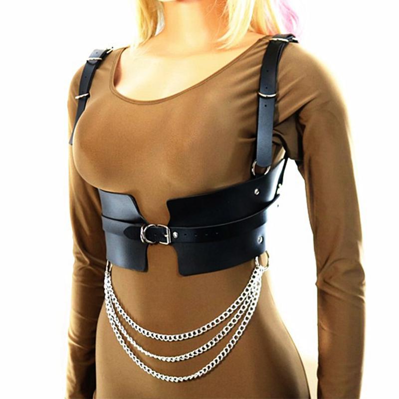 

Belts Fasshion Chain For Women Leather Wide Waist Belt Punk Metal Straps Female Harness Corset Accessories, Black