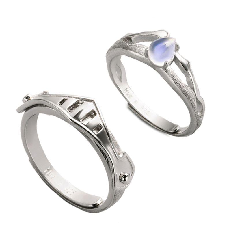 

Cluster Rings S925 Sterling Moonstone And Princess Knight Open Band Lover Jewelry