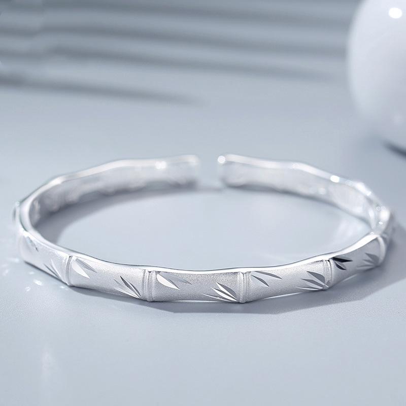 

Bangle 925 Silver Bamboo Opening Bracelet Matte Sandblasting Design Vintage Simple Jewelry For Women Wedding Party Anniversary Gift