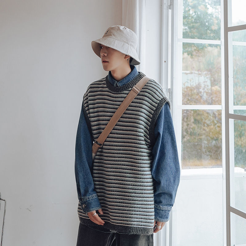 

2021 New Autumn Winter Striped Men's Warm Fashion Retro Casual Knitted Pullover Men O-neck Vest Sweater Mens 5jby, Dark gray