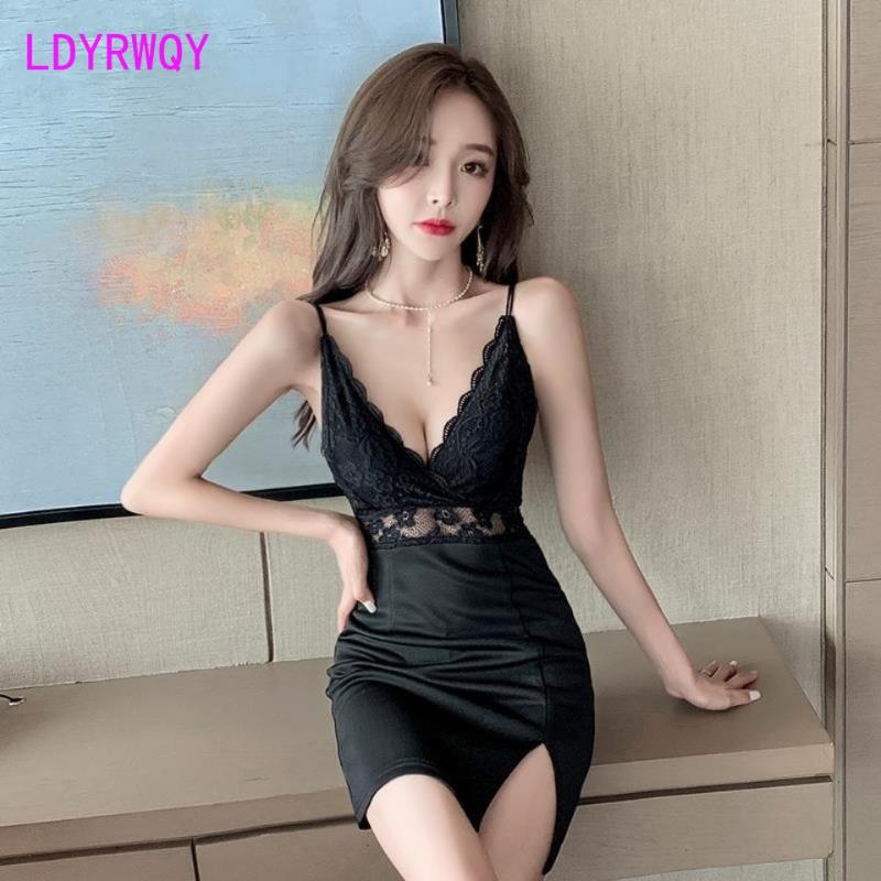 

Casual Dresses Nightclub Women's Sexy Dress Waist Low-cut Halter Lace Stitching Skirt Sling Bag Hip Office Lady COTTON, Black;gray