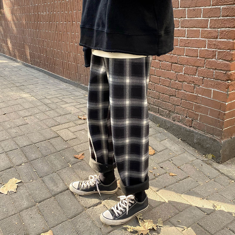 

2021 New Winter Plus Veet Plaid Men's Warm Fashion Retro Casual Men Streetwear Loose Hip-hop Straight Wide-leg Pants Mens 11ku, Small lattice
