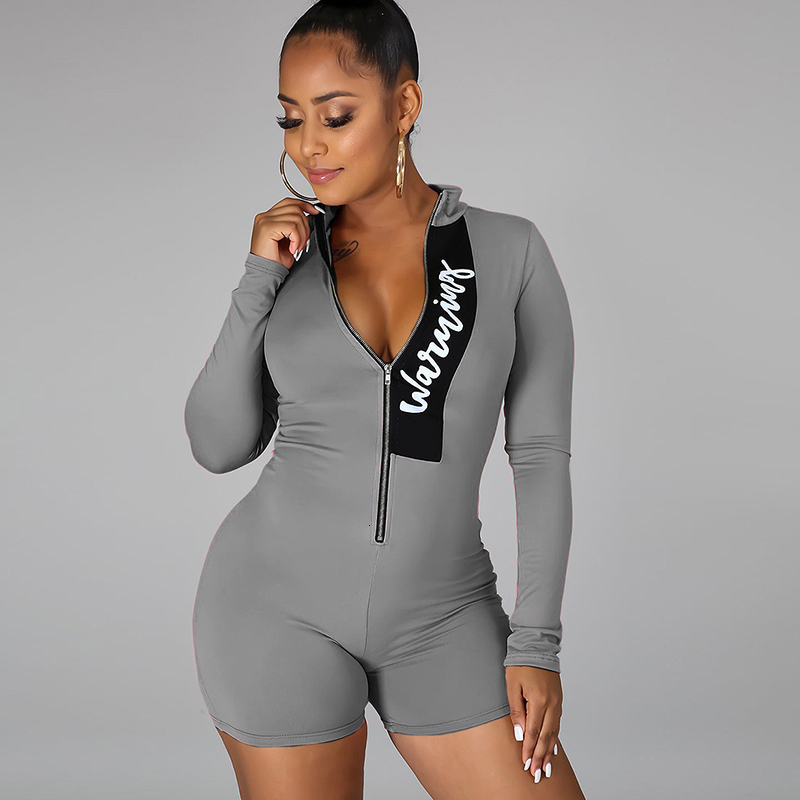 

2021 Letter Print Design Zipper Stand Collar Bodycon One Piece Playsuits Women Casual Sport Long Sleeve Autumn Plus Size Qm3v, Beige