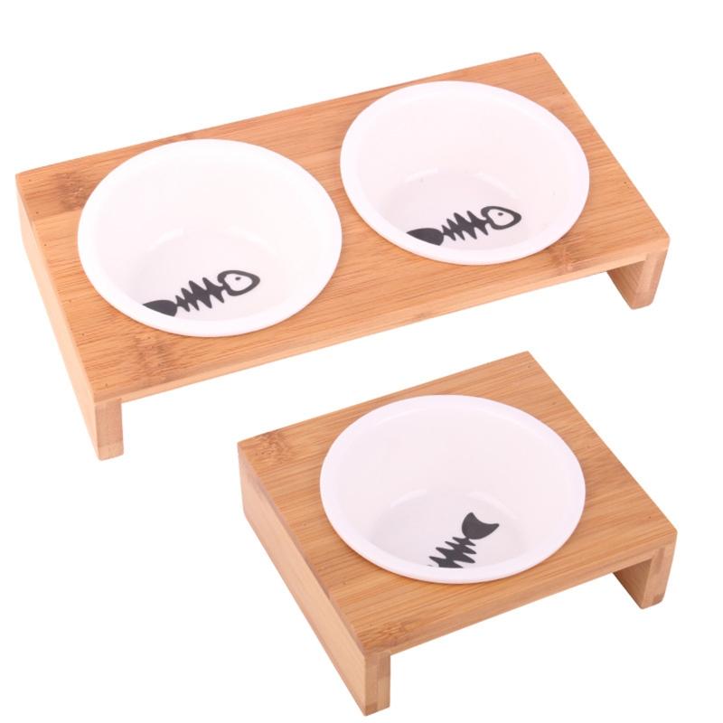 

Cat Bowls & Feeders Elevated Pet Bowls, Raised Dog Feeder Solid Bamboo Stand Ceramic Food Feeding Bowl Cats Puppy E8BD