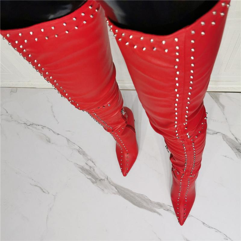 

Boots Crotch Hard Shaft Studded Rivets High Heel Stiletto Red Leather Pointed Toe Long Shoes Women Winter Runway Stage, As picture