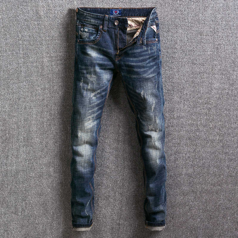 Men&#039;s Jeans Italian Vintage Fashion Retro Dark Blue Slim Fit Ripped Men Elastic Denim Pants Designer Hip Hop Homme 9ef2 H6AM-image-703464218