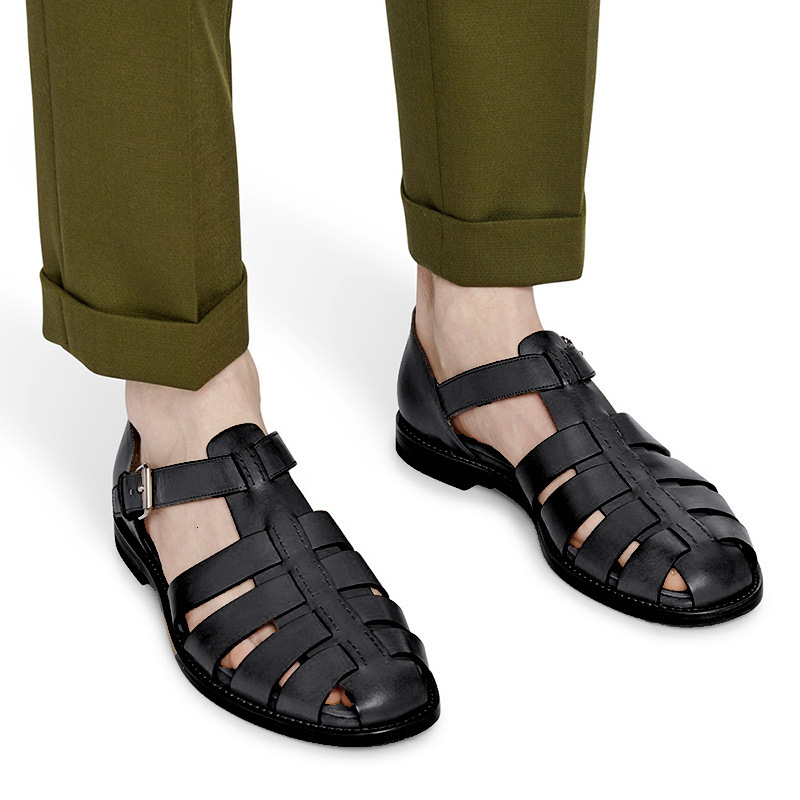 

Slippers Summer leather fashion hollow out breathable sandals men's buckle handmade Baotou casual Roman shoes trendy men KL60, 1# shoe box