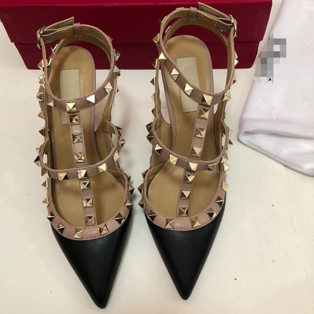 

Designer Luxry Summer Women High Heel Pointed Sandals With Rivets Genuine Leather 6cm 8cm 10cm Lady Wedding Shoes 34-43 Dust Bag C0309, Black