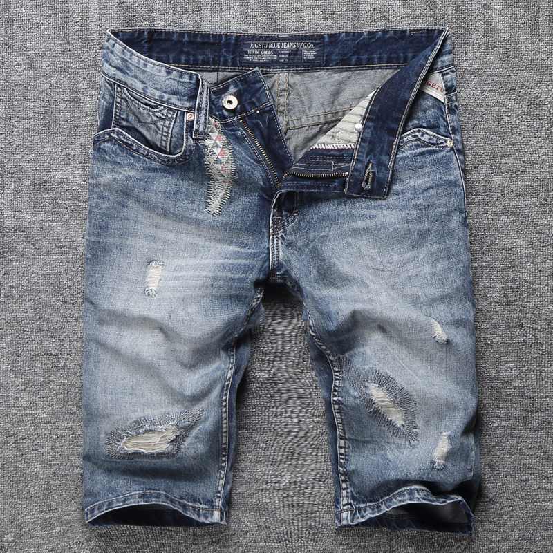 

2021 New Moda Vero Streetwear Azul Retro Patchwork Short Rasgado Homens Jeans Hip Hop Shorts Hombre Jpfb, Blue