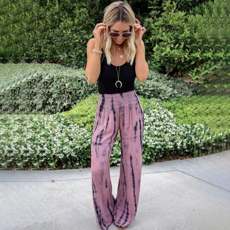 

Wide Leg Pants Women Summer Tie Dye Elastic Waist Drawstring Loose Plus Size Female Streetwear Mopping Trousers 210608, Coffee