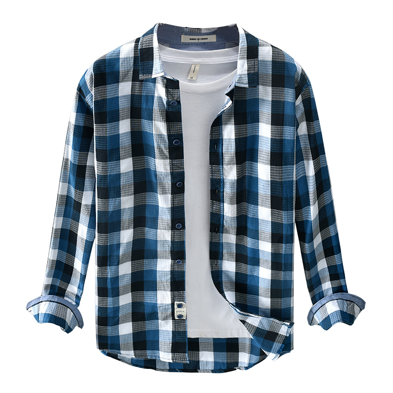 

2021 Autumn with Long Casual Sleeve Marks Male Cotton Fashion Comfortable Chess Men's Shirts Loose Spring Chemise Shirt 6u1y, Blue