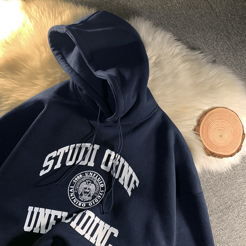 

2021 Letters Printed Simple Vintage Navy Teens Girls Oversized Sweatshirt New Women Warm Thick Winter Tops Harajuku Hoodie Ln2h