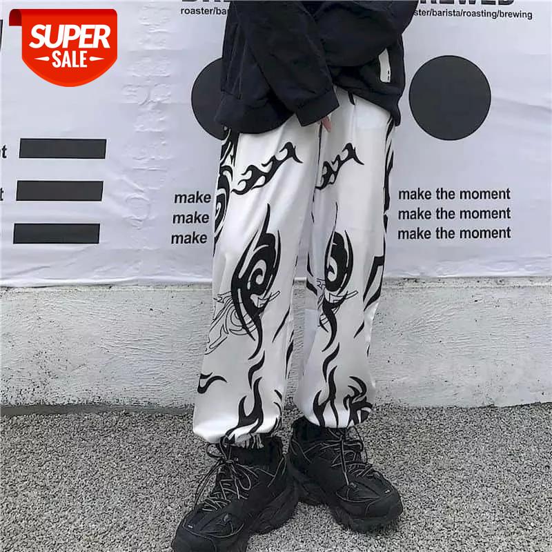 

Tube trousers men women autumn new Korean ins the same paragraph Harajuku style dark totem print bouquet feet leisure straight #pX29, Black;white