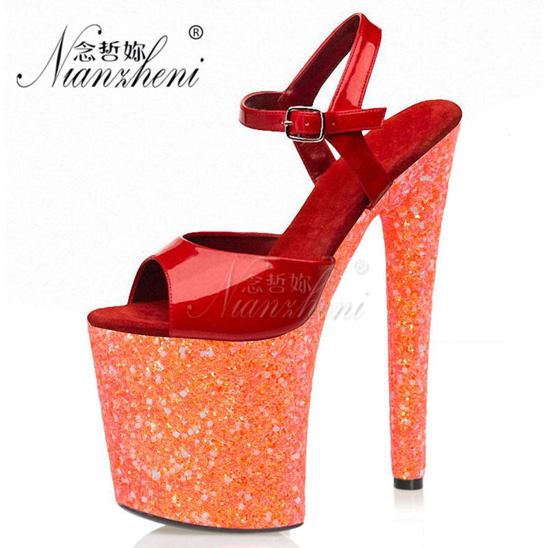 

8 inches Super High heeled shoes Bling Platform Shallow Big Size Women's Sandals 20CM Nightclub Pole dancing Show Cross dressing, Style a leather inso