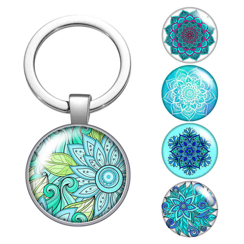 

Water Blue Patterns Flower Pattern New Glass Cabochon Keychain Bag Car Key Rings Holder Silver Plated Key Chains Men Women Gifts