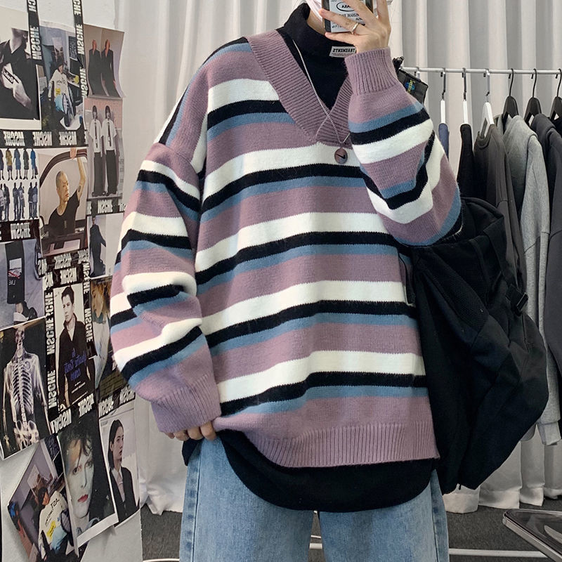 

2021 New Korean Striped Sweater Men's Warmth and Fashion Retro V-neck Knitted Pullover Men Loose Winter Knitting Sweaters Mens Clothes Wfyi, Gray