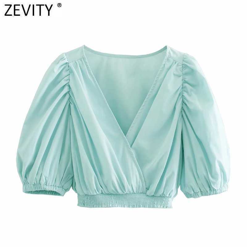 

Zevity Women Cross V Neck Pleat Puff Sleeve Solid Short Smock Blouse Femme Hem Elastic Kimono Shirt Chic Blusas Tops LS7630 210603, As pic ls7630cc