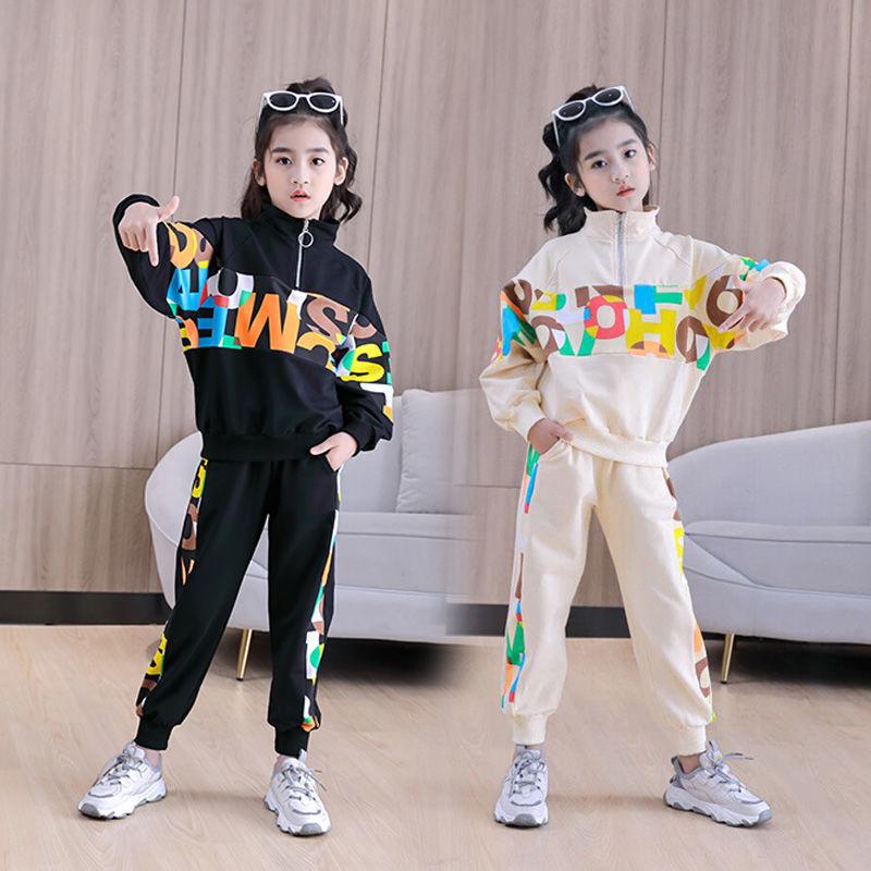 

11.11 Hot Selling Teenage Children's O-Neck Letter Fashion Cute Suit Girls Spring Autumn Korean College Style Halloween Clothing, Black clothes