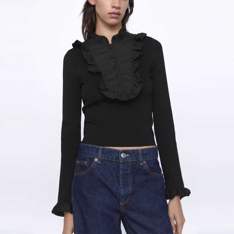 

Za Patchwork Knit Blouse Women High Collar Long Sleeve Ruffle Shirt Female Chic Front Button Streetwear Vintage Knitted Top 210602, Black