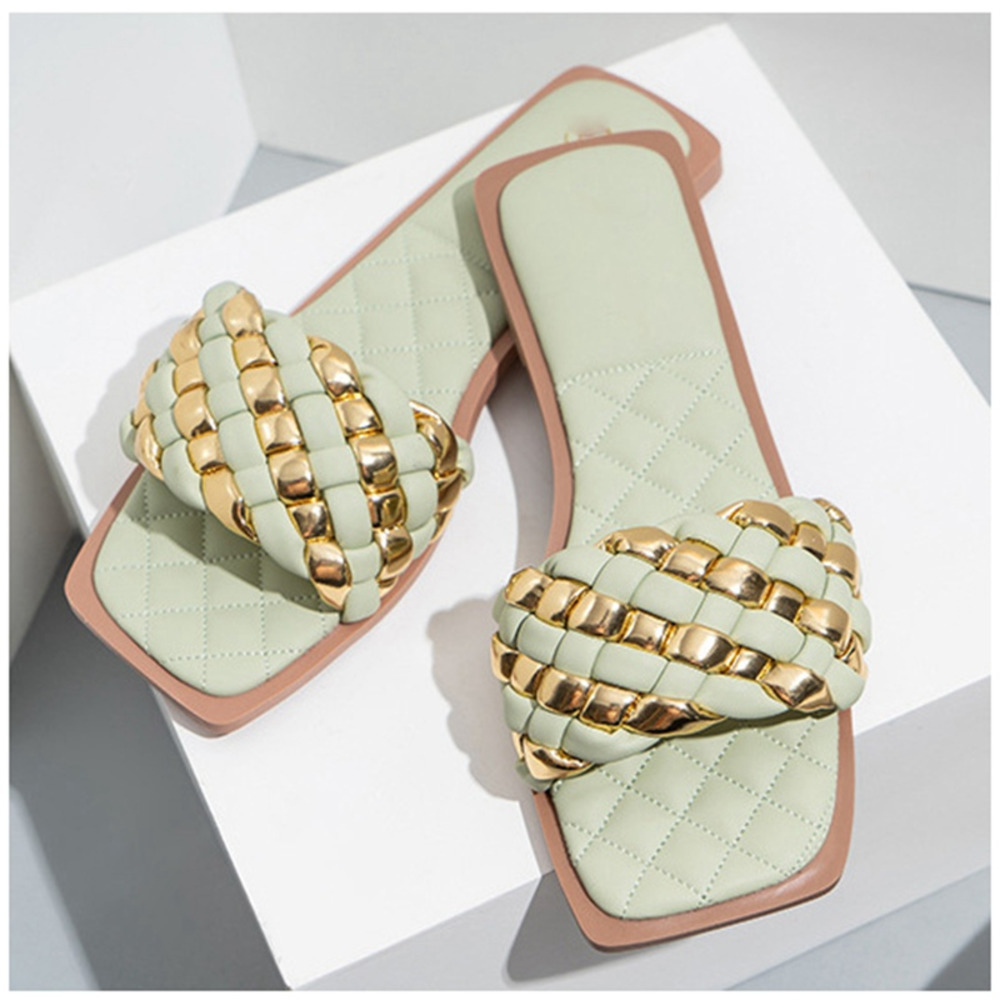 

Women SUOJIALUN Brand Slippers Fashion Weave Summer Slides Open Toe Flat Casual Shoes Female Beach Outdoor Flip Flop Big Size 42 C0313, Black