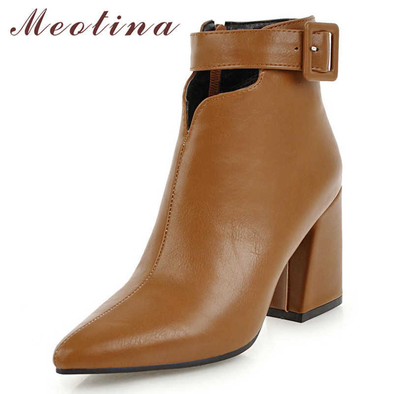 

Meotina Women Ankle Boots Autumn Buckle Chunky High Heels Short Boots Fashion Zip Pointed Toe Shoes Ladies Winter Big Size 34-43 210608, Black