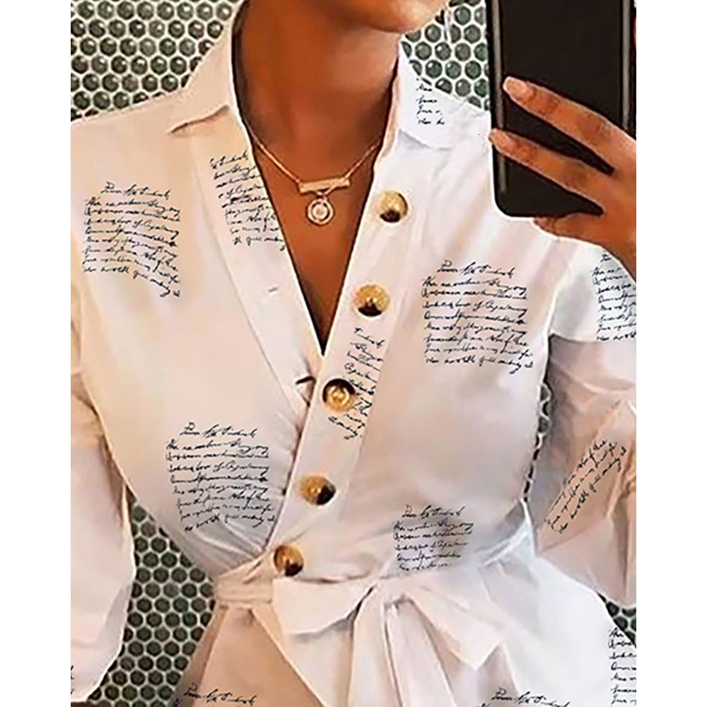 

2021 New Women Japanese Fashion Newspaper Letter Print Blouse Long Sleeve v Neck Shirt with Sashes Causal Tops Streetwear 5apl, White
