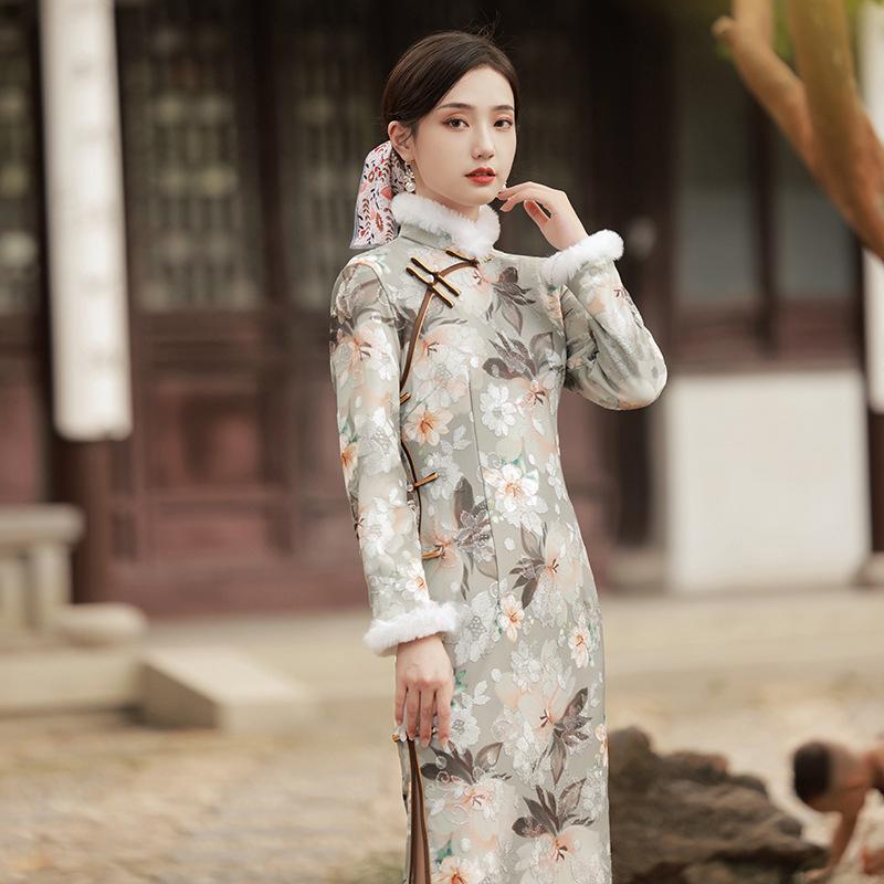 

Ethnic Clothing Style Autumn Winter Vintage Traditional Qipao Womem Fur Collar Chinese Dress Plus Size Elegant Long Sleeve Slim Cheongsam