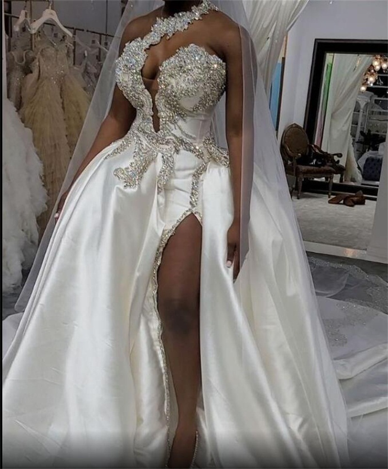 

Luxury Crystals High Split Wedding Dresses One Shoulder Bridal Gowns With Overskirt African Sexy Satin Court Train Custom Made Robe de mariée, White